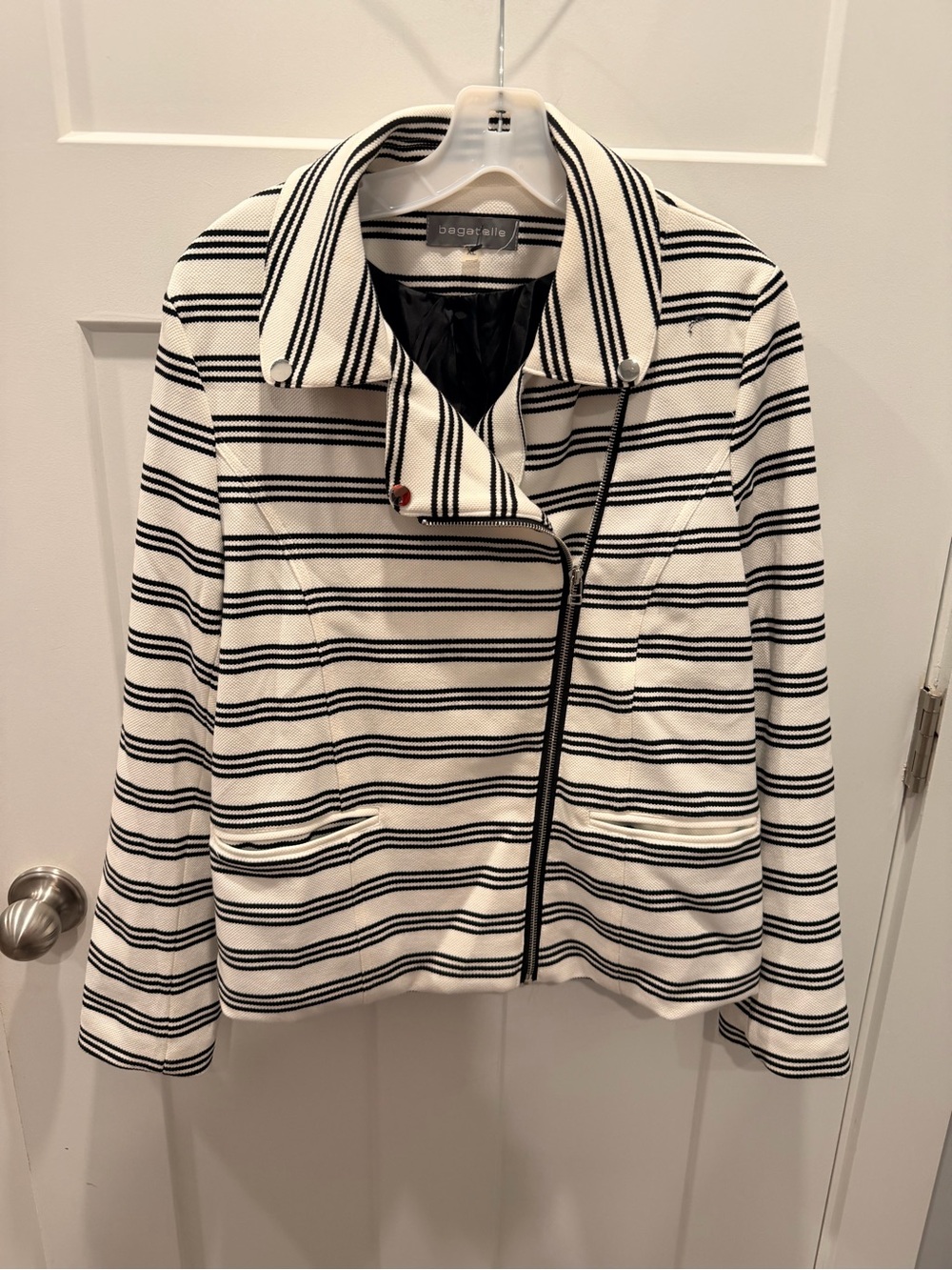 Bagatelle XL Black White Striped Moto Jacket Asymmetrical Zip Blazer